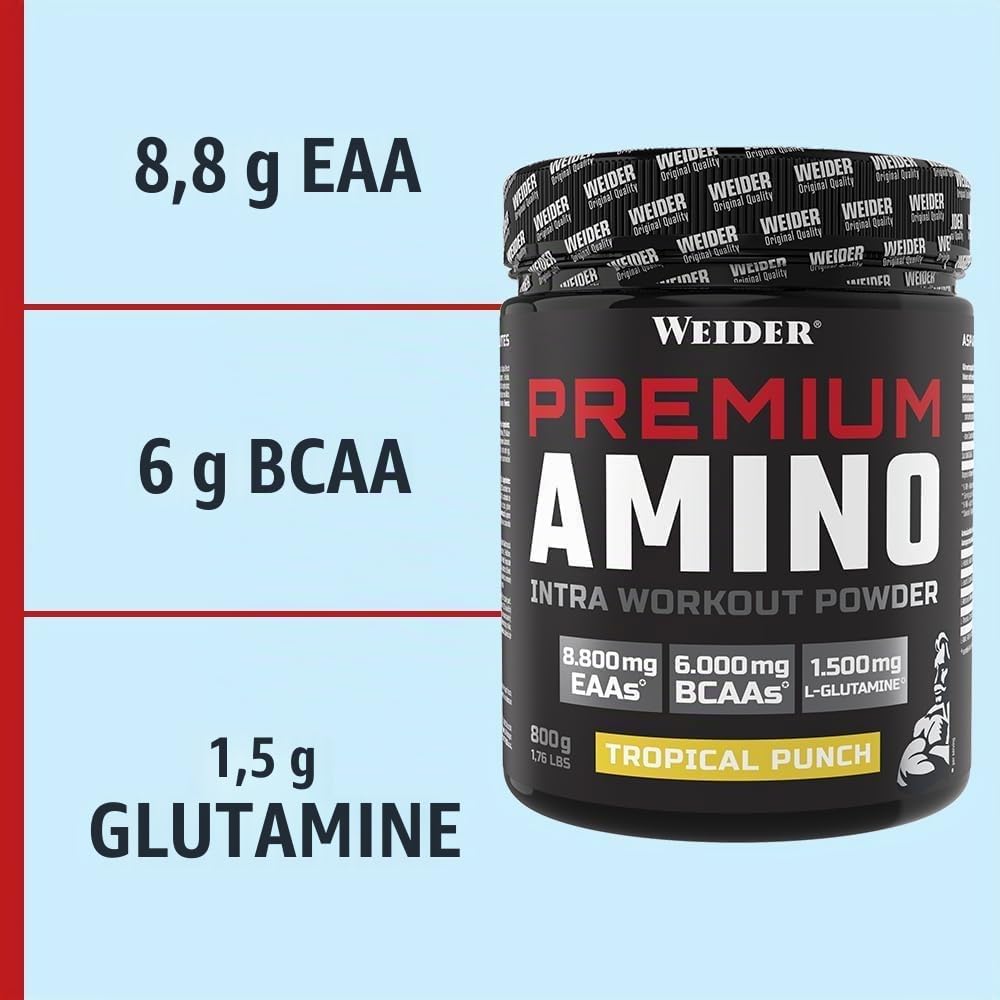 Weider Premium Amino, 800g, Tropical | Boisson Intra-Entraînement, EAAs, Glucides et Électrolytes, Complexe d'Acides Aminés avec L-Glutamine