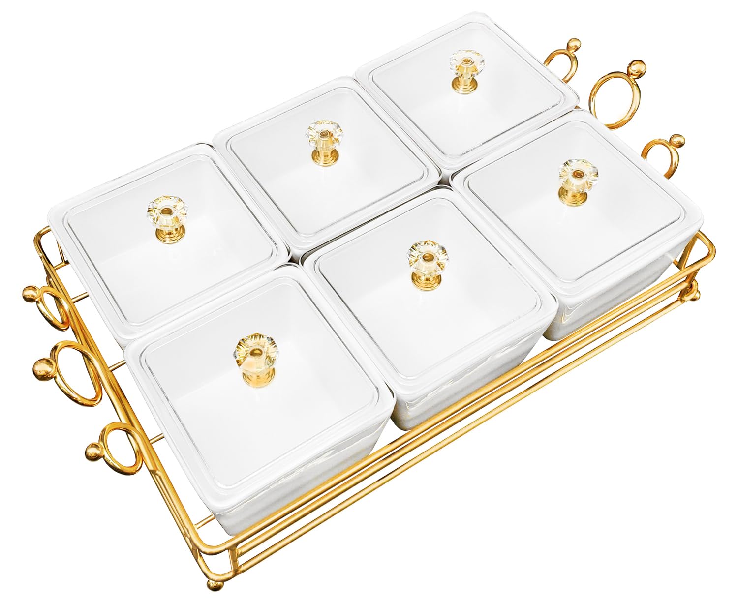 YA JU Ceramic Bowls and with Lid Gold Basket Trays, 6 Removable Small Bowls Condiment Trays Nut Serving Set for Snacks, Fruits, Candy and Condiments -Great for Parties, Holiday Gifts, White