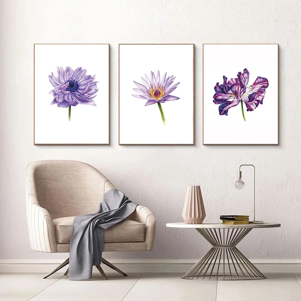 SOBMQ Pictures-Purple Watercolor Flower Wall Canvas Painting Abstract Poster Print Art Picture For Living Room Bedroom Home Decoration-50 * 60cm-3PCS (No Frame)