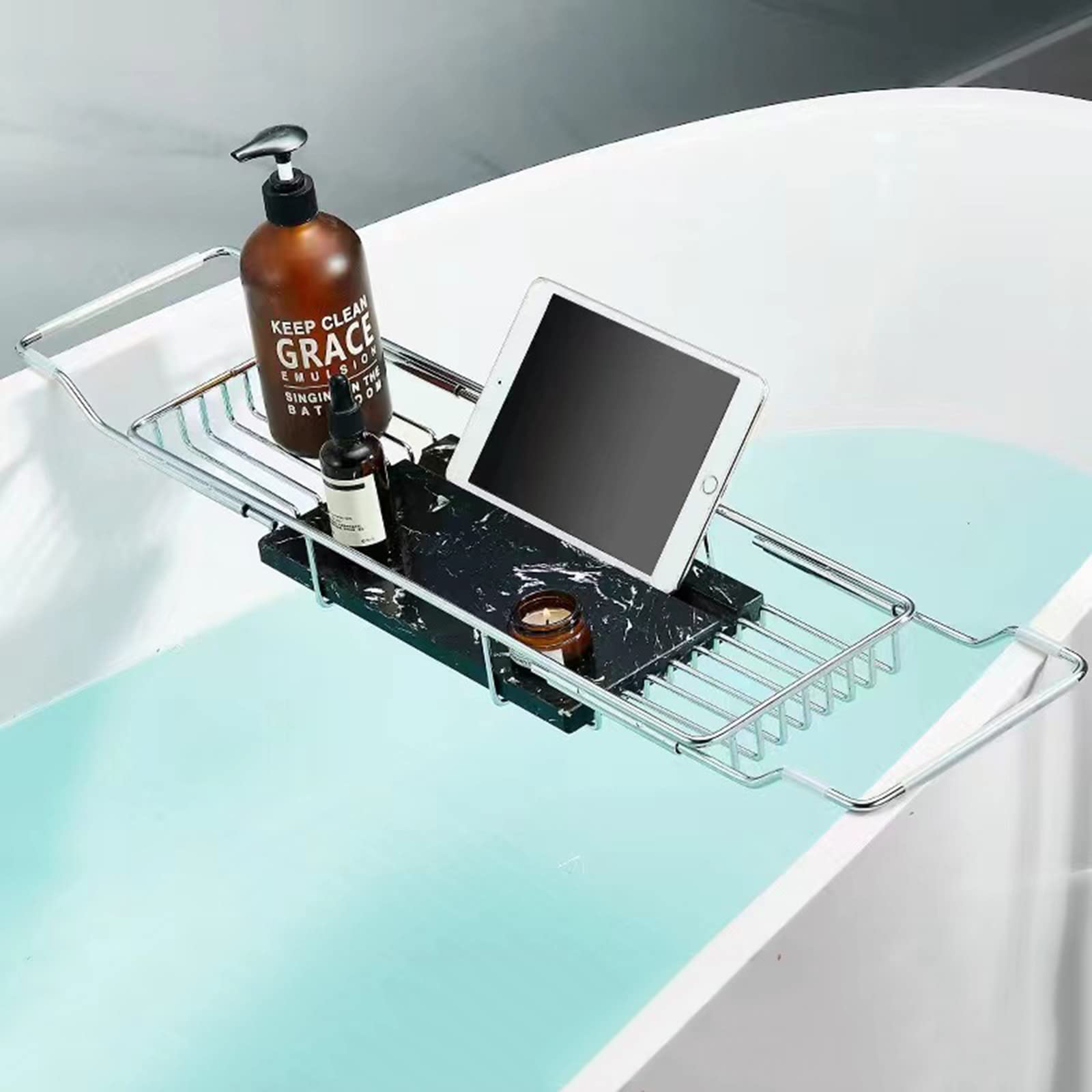 JKJZSALJ Stainless Steel Bathtub Caddy Tray With Non Slip Grip Expandable Bath Tub Racks And Shower For Most Tubs,Chrome-3