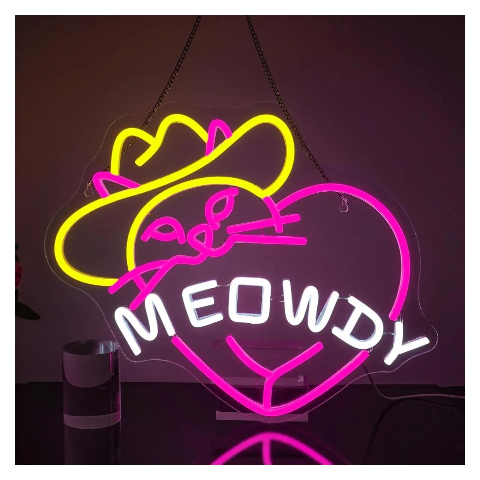 LED néon signe Panneau Néon Chat Meowdy Chapeau De Cowboy, Panneau Lumineux Chat, Alimenté Par USB, Pour Salon, Fête, Décoration Murale, 31cm×36cm