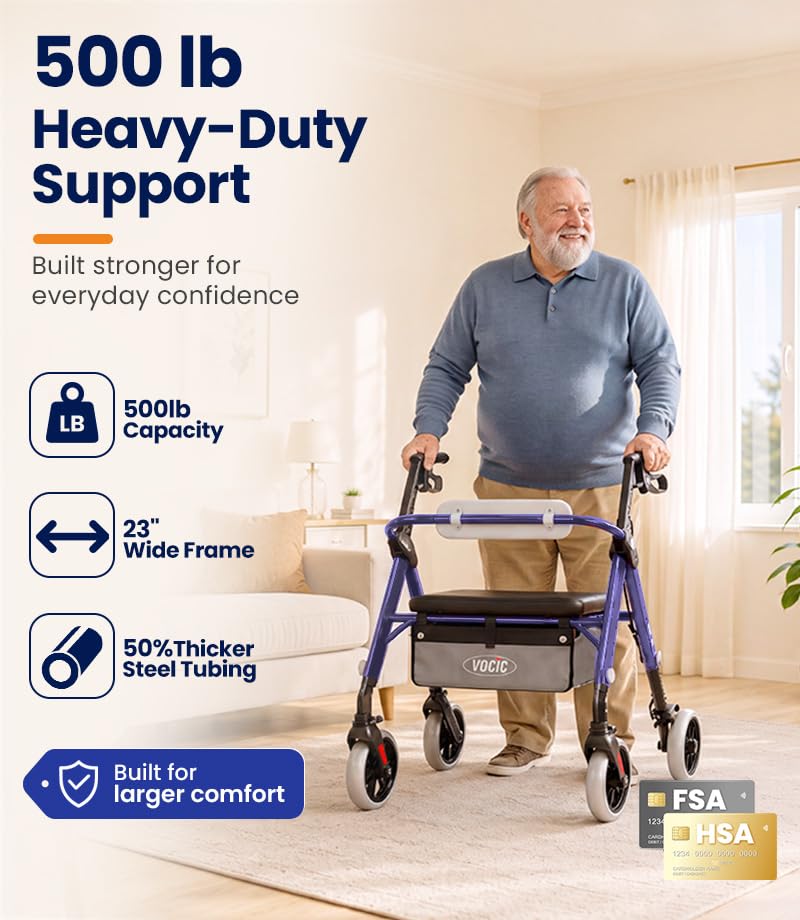 Image of VOCIC Z11 Rollator Walkers for Seniors with Seat, 500 LBS Load, Ultra Wide
