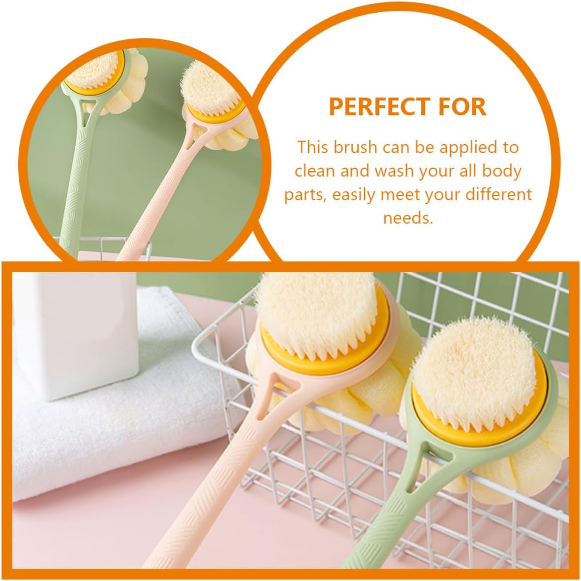 Veemoon Long Handle Back Scrubber and Soft Nylon Bath Brush Dual-Sided Body Exfoliating Shower Scrubber for Women, Bathroom Back Wash Brush with Massage Function for Wet and Dry Use