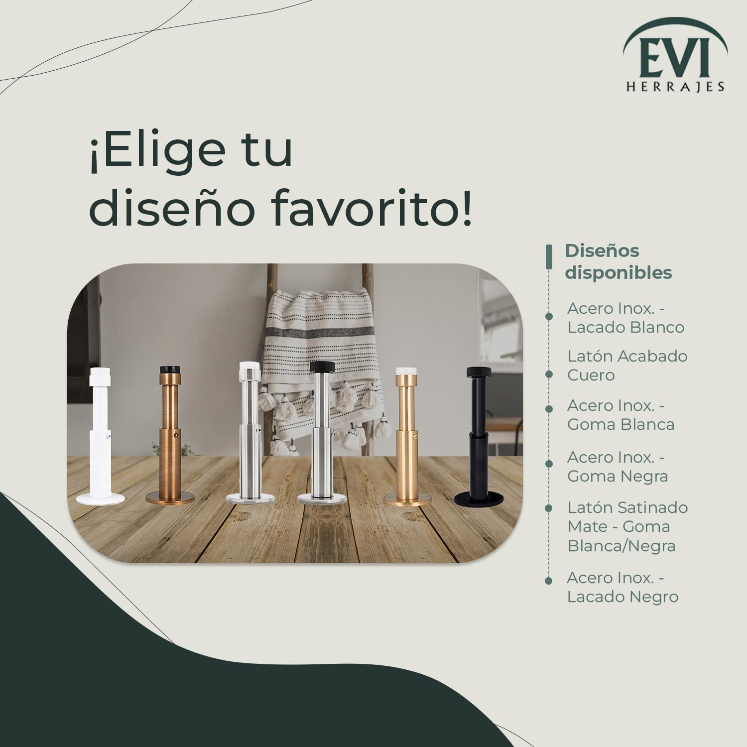 EVI Herrajes | Tope de Puerta para Colocación en Pared | Longitud Regulable: 88-125 mm | Acero Inoxidable | Goma de Silicona Blanca | Amortiguador Anti Golpes | I-182BCB