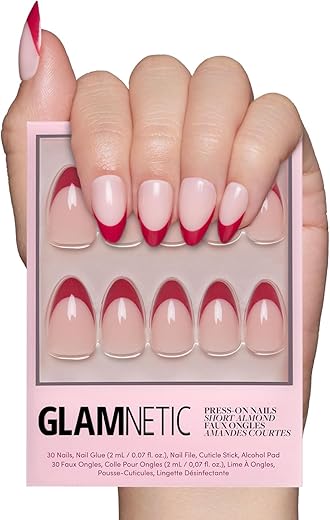 Glamnetic Press On Nails - Rose Garden | Semi-Transparent Red French Tip Short Almond Fake Nails in a Glossy Finish, Salon Quality | 15 Sizes - 30 Nail Kit