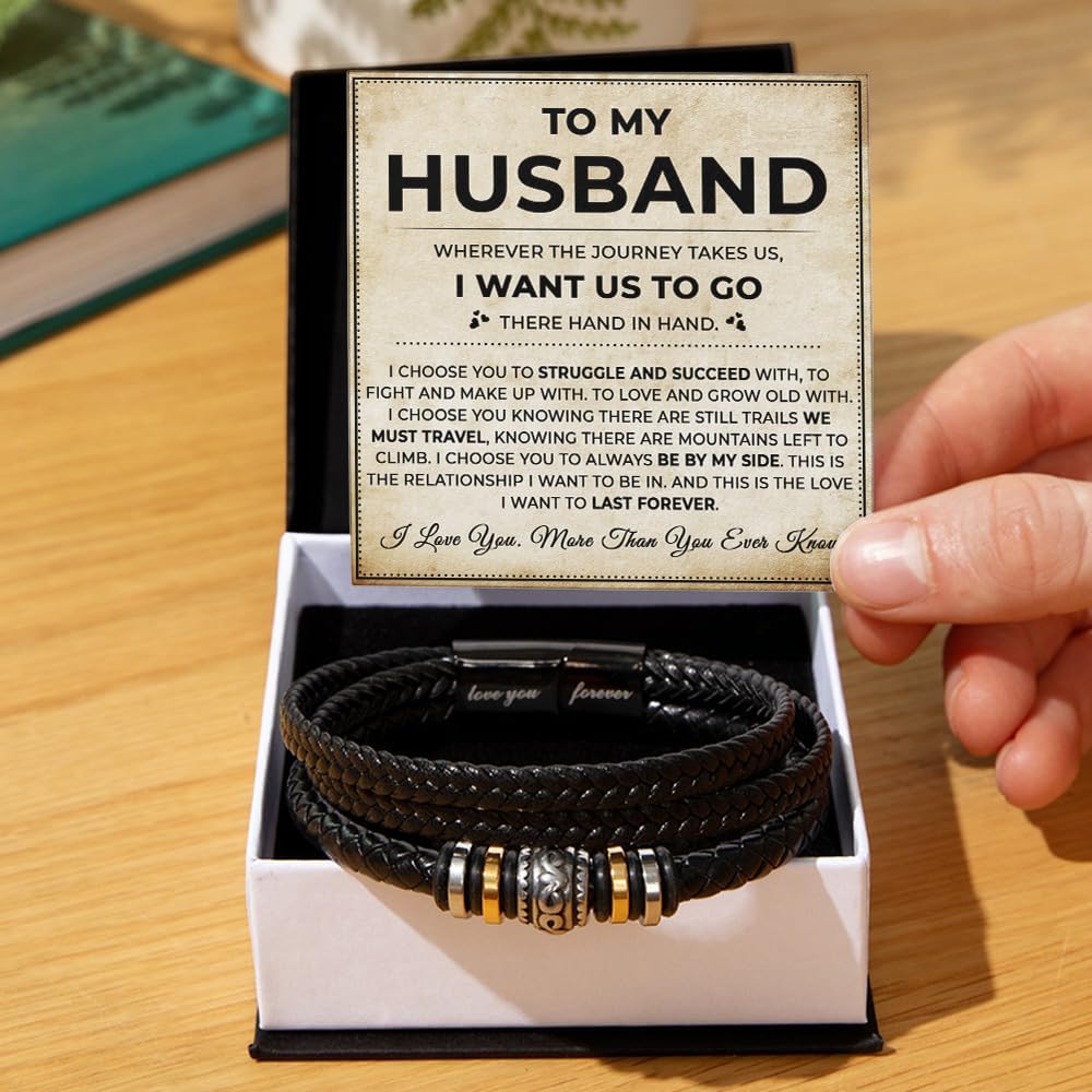To My Husband Bracelet From Wife, Gifts For Husbands Leather Braided Love You Forever Bracelet, Wedding Valentine Christmas Birthday Gift For Husband With Message Card And Box - Image 3