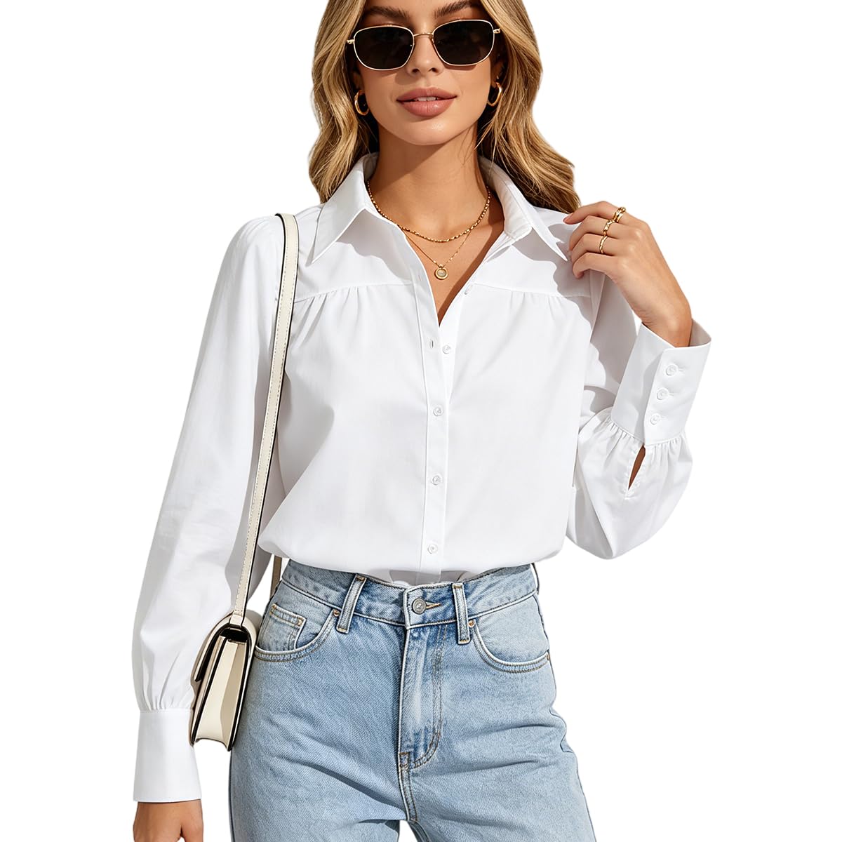 sannidhi Women's Oversized Shirt, Long Sleeve Collared Blouse Button Down Lightweight Clean Fit Shirt for Casual Wear, Office, Beach Cover Up & Layered Streetwear Looks, White-L-picture-18