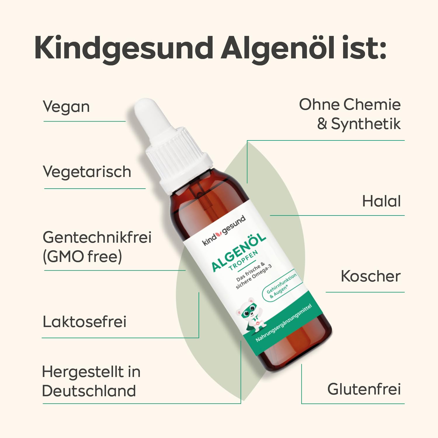 Omega 3 Kinder Tropfen – vegan & nachhaltig – 50 ml Algenöl (66 Tage) – kindgerecht dosiert: 205 mg DHA + 103 mg EPA pro Tagesdosis – mit Zitronengeschmack - ab 3 Jahren