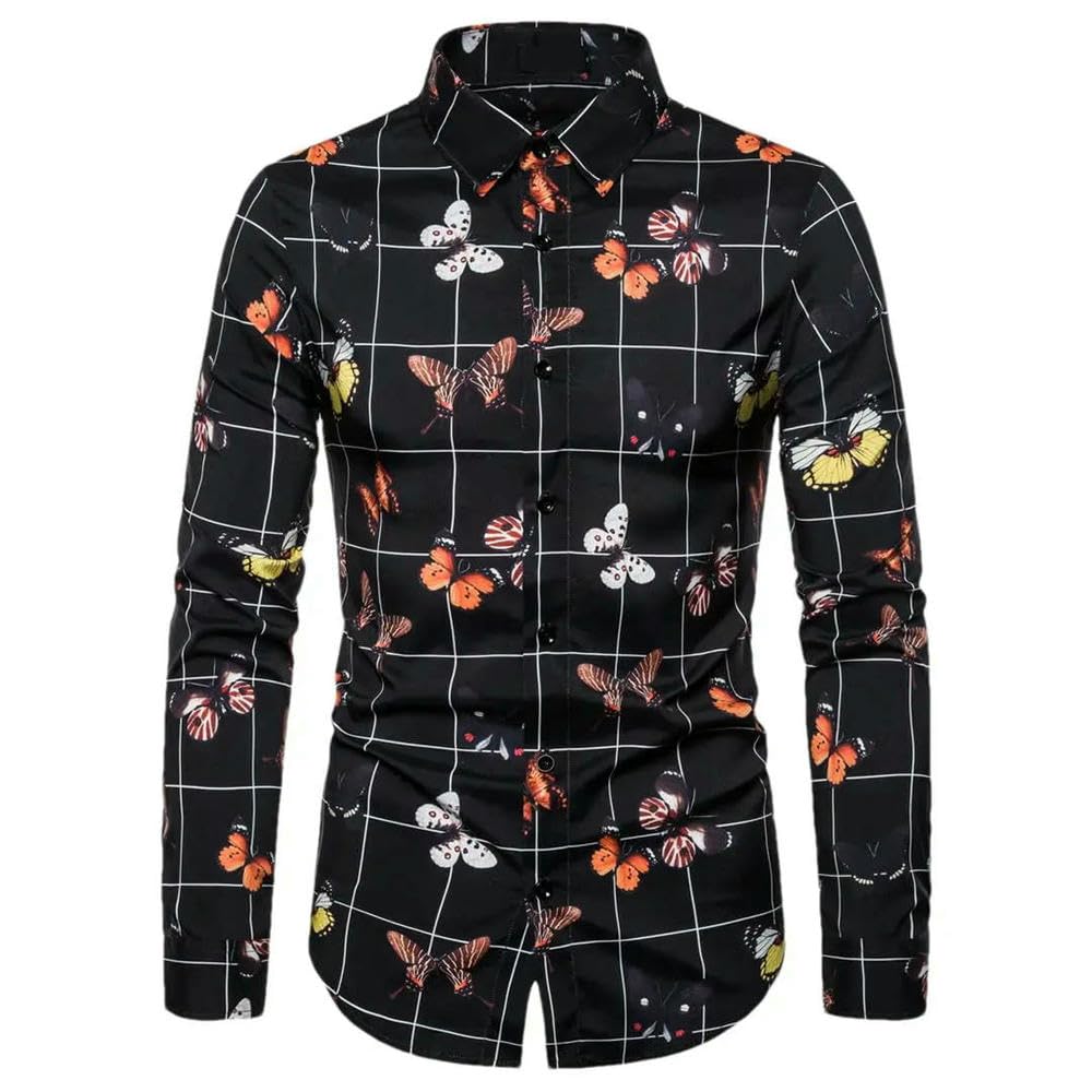ZBDP - Camicia a maniche lunghe da uomo con stampa a farfalla, stile casual, in poliestere, con colletto hawaiano