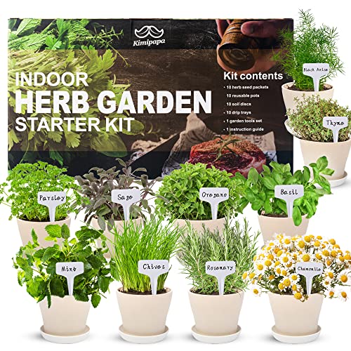 Kimipapa Indoor Herb Garden Starter Kit - 10 Herb Window Garden with Tool Set, Pots, Soil, and Growing Guide - Unique Gardening Gifts for Kitchen Lovers