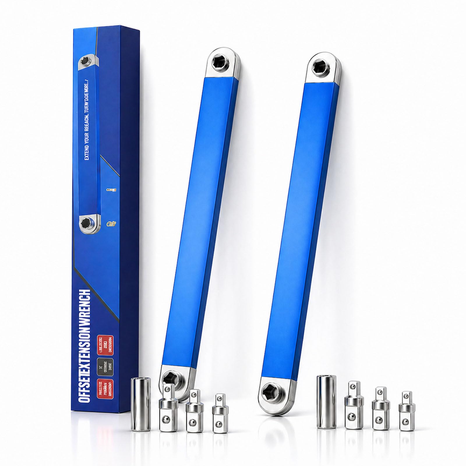 Pro - Offset Extension Wrench Set, 15-Inch Impact Ready Tight Reach Wrench with Chain Drive Technology, 1/4", 3/8" & 1/2" Square Drive Adapters, High Torque Mechanics Tool for Tight Spaces (2pcs)