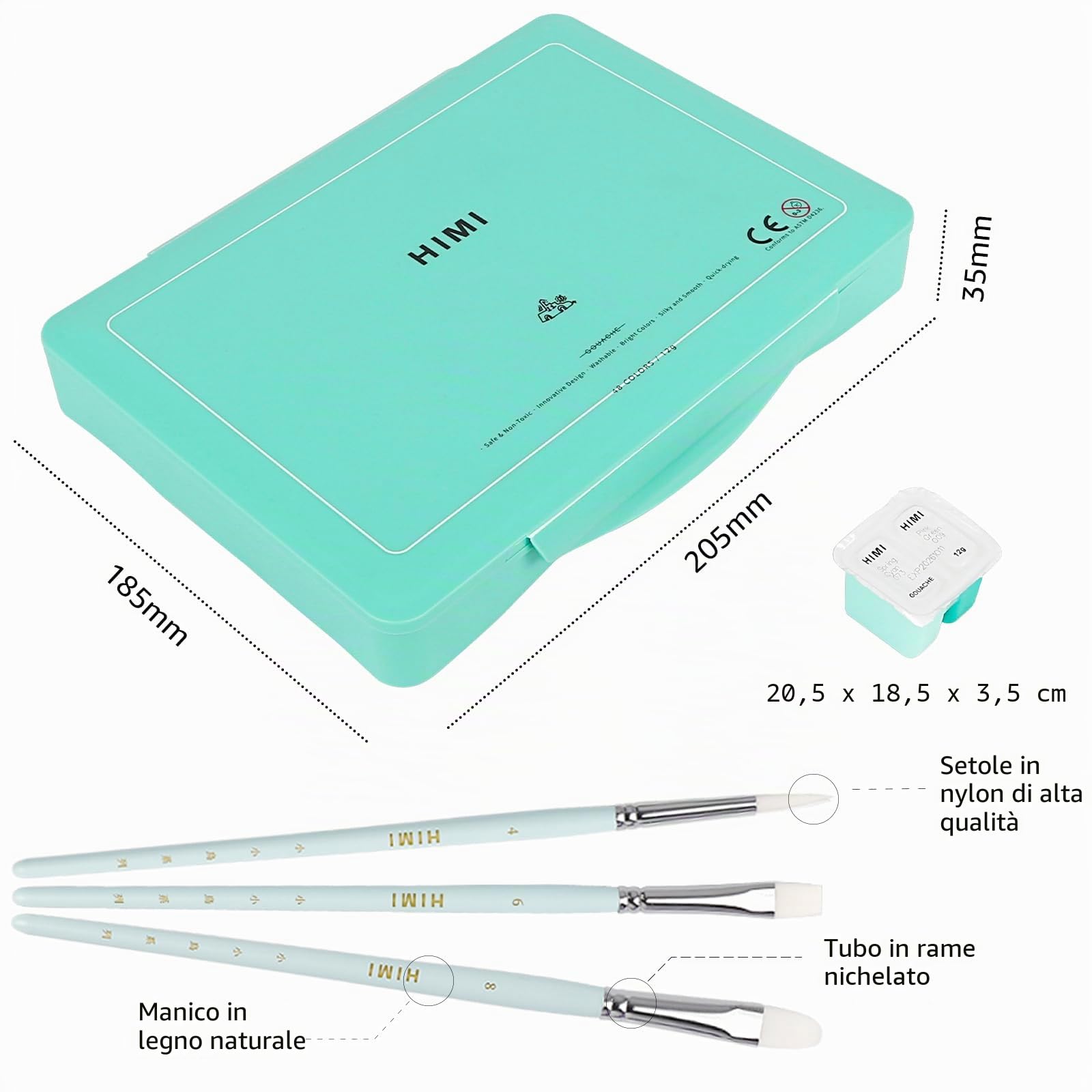 ABEIER HIMI Set di Pittura a Guazzo, 48 colori x 12 ml/1 oz con 3 pennelli e una tavolozza, design unico della tazza di gelatina, non tossico, gouache - perfetto per principianti e studenti