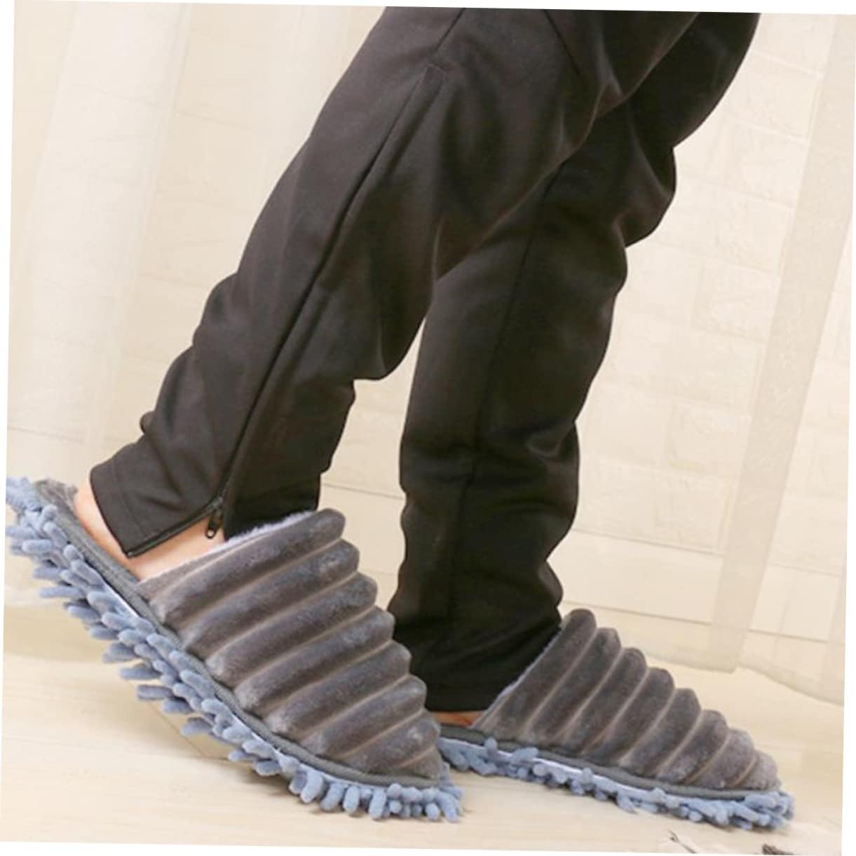 1 Pair Furry Stripes Floor Cleaning Slippers with Detachable Bottom Size Grey Unisex Mopping Slipper for House Cleaning Tool Supplies