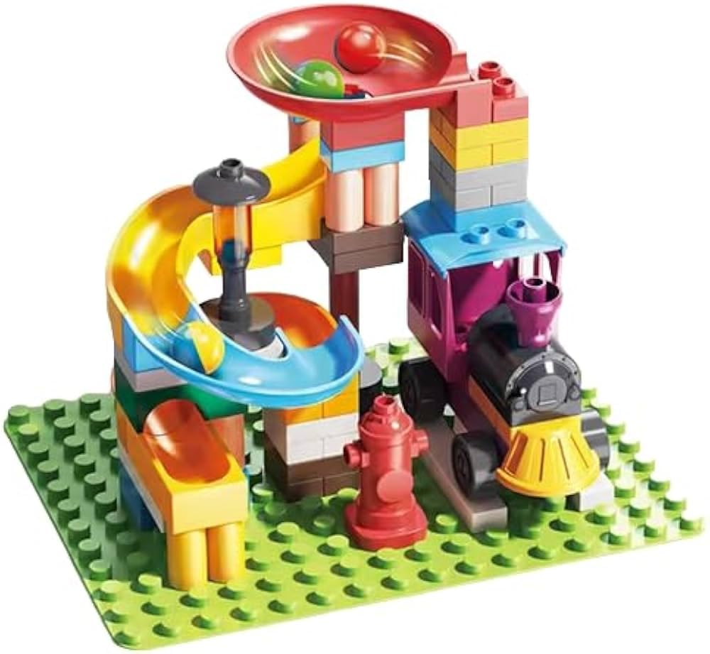 marble run building blocks set with train and spiral slide, diy construction kit, modular track design, colorful components, rolling ball activity, creative assembly, stem learning, problem-solving