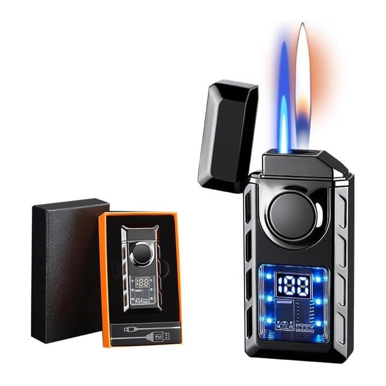 Jcfhqghr Men's E Smart Voic-Activated Dual Flam Lighter, Switchabl Flam, Adjustabl And Refillabl, Visibl Air Chamber, Gift For And Wo(E)