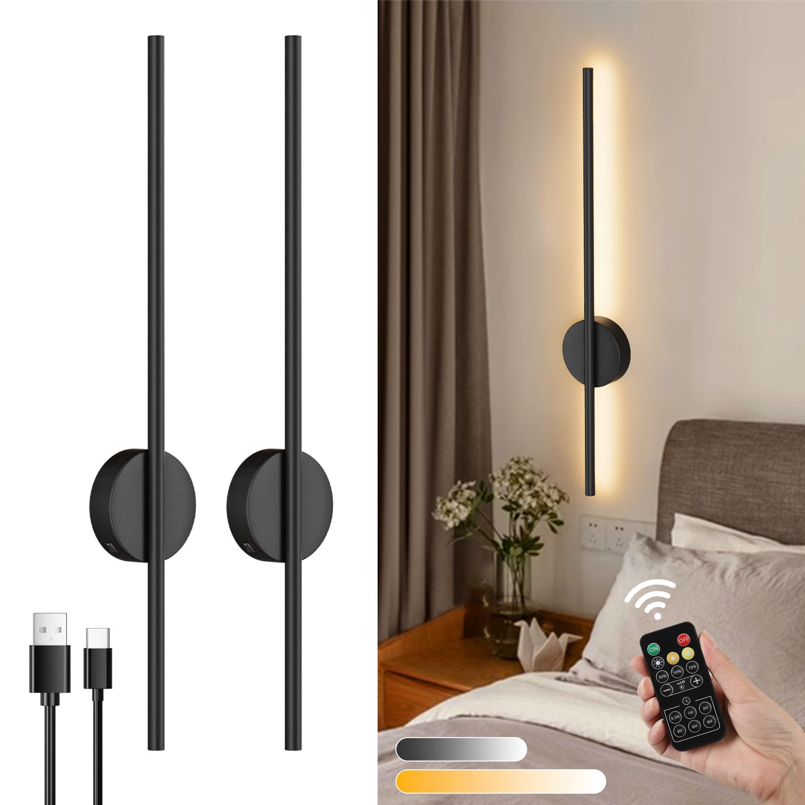 Aipsun Battery Operated Black Wall Sconce 2 Packs, USB Rechargeable Wall Lights, Dimmable LED Wall Lamp Indoor, 360° Rotation Wireless Lights for Living Room Bedroom Hallway, 31.5 inch