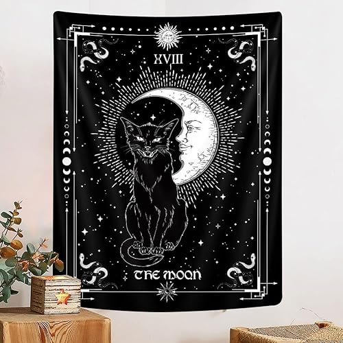 Tapiz vertical gótico de gato negro, bruja, carta de tarot en blanco y negro, alas de murciélago, gato, tapiz genial para hombres, fases lunares,