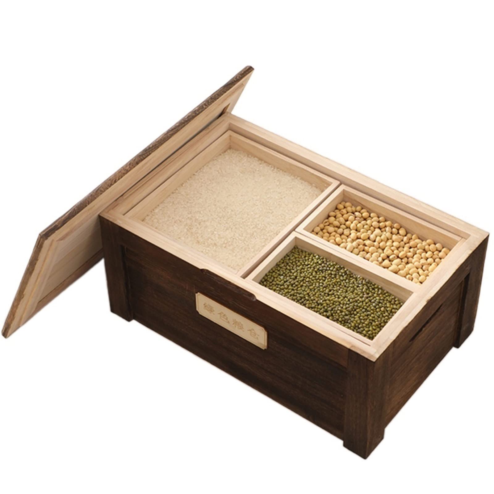Contenitori per Alimenti Ermetici Legna Scatola Porta Riso con 3 Scomparti/coperchi - 2,5 kg/ 5 kg Piccolo Contenitore per Cereali impilabile, Cucina casa dispensa da banco