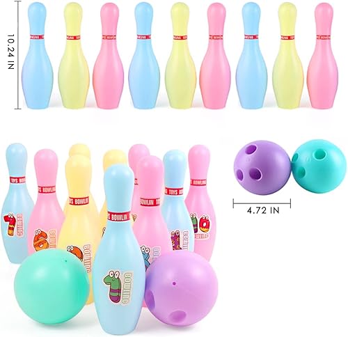 Miniatura 9 de OceanWings Juego de juguetes de bola de boliche iluminada para niños, juego de juguete con 10 pines y 2 bolas, divertidos juegos deportivos para