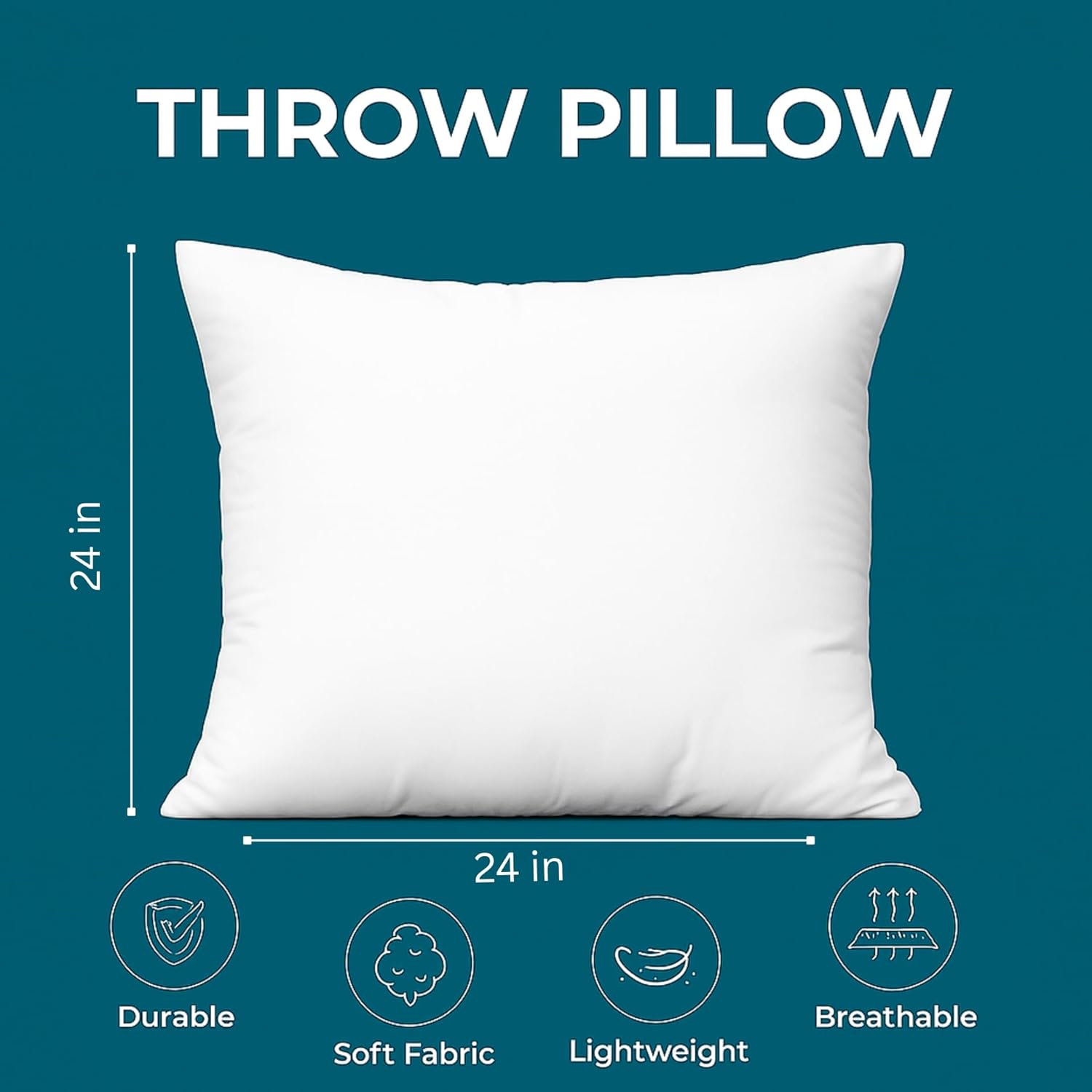 LANE LINEN 24x24 Pillow Inserts - Set of 2 Lightweight Down Alternative Square Pillows, White Throw Pillows for Bed, Decorative Pillows for Couch Bed, Firm Pillows for Living Room