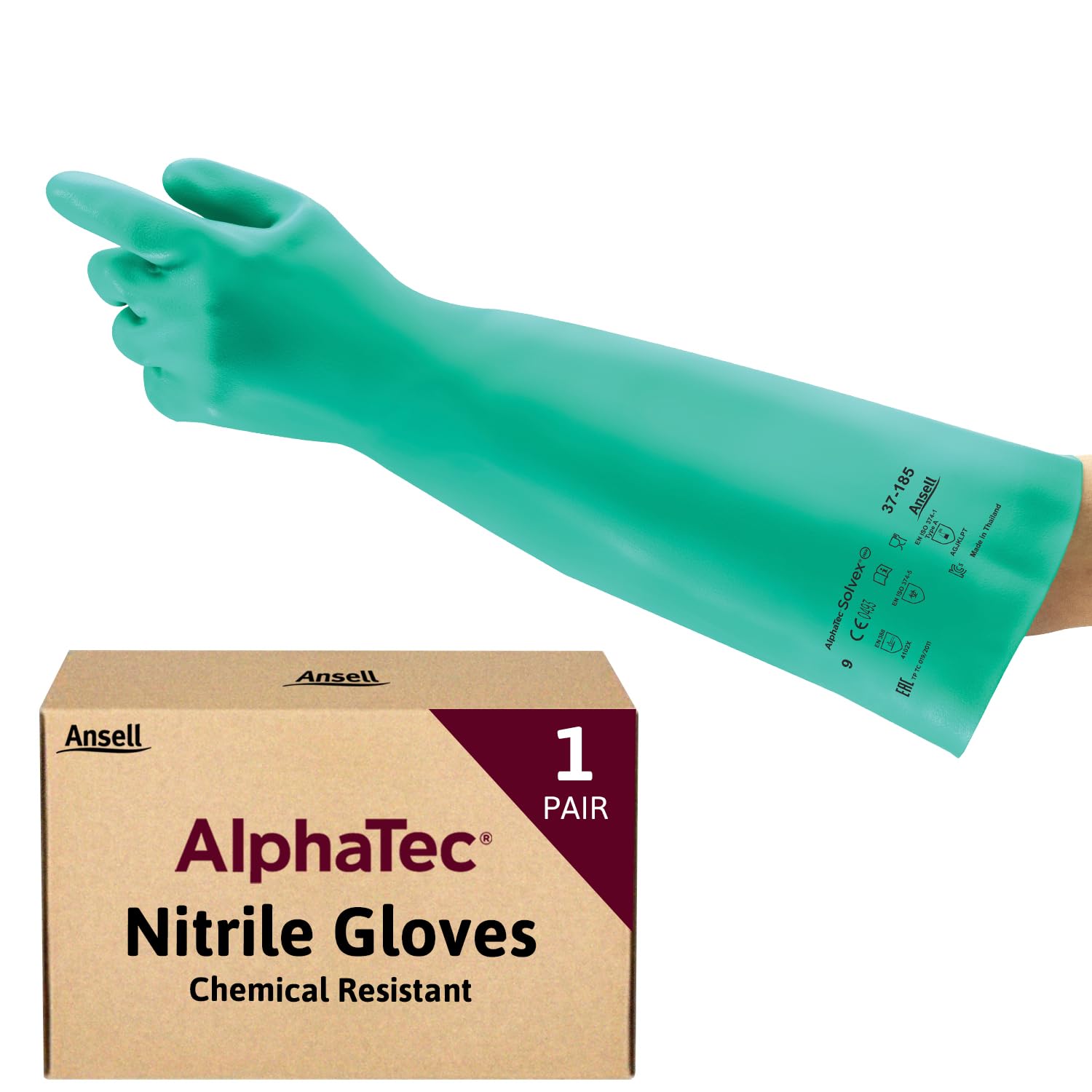 Ansell AlphaTec 37-185 Chemical-Resistant Nitrile Gloves, Liquid and Splash Protection, Food-Handling, Silicone and Latex-Free Work Glove, Waterproof, Reusable, Green, Size 2XL (1 Pair)