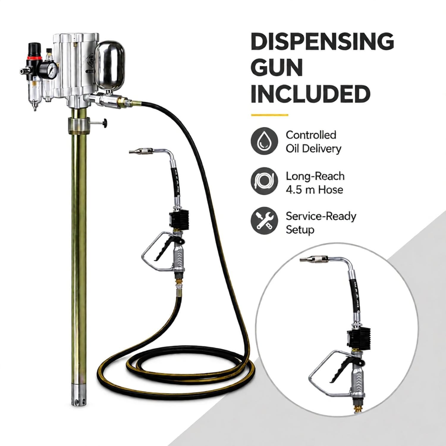 Bomba Neumática para Bidones De Aceite De 200 L, Bomba Dosificadora Neumática A Presión con Manguera De Aceite De 4,5 M + Pistola Dosificadora De Aceite, Caudal: 6-10 L/min, Viscosidad: 85-95