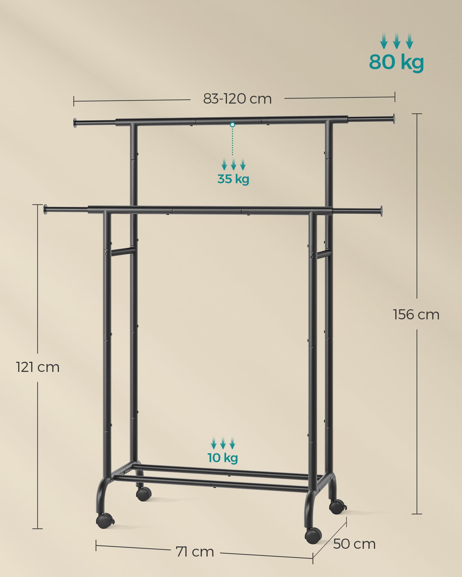 SONGMICS Portant à Vêtements Avec Roulettes - Double Barre Charge 100 Kg, Porte-Manteau En Acier Argenté, Rangement Polyvalent