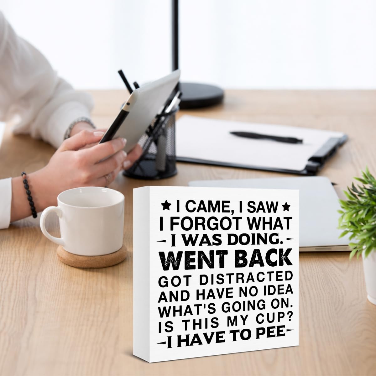 Funny ADHD Office Desk Decor Wooden Sign - Humorous Forgetful Block Box Sign Office Cubicle Decor Gag Gifts for Coworkers ADHD Friends