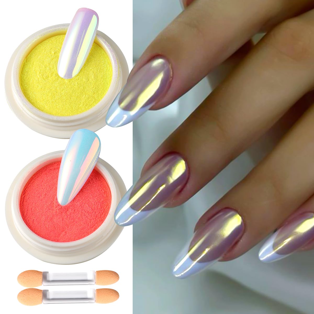 2 Jars Chrome Nail Powder Red and Gold Aurora, Iridescent Fairy Fine Chrome Shining Rubbing Dust Metallic Mirror Effect Pigment, Pearlescent Mermaid