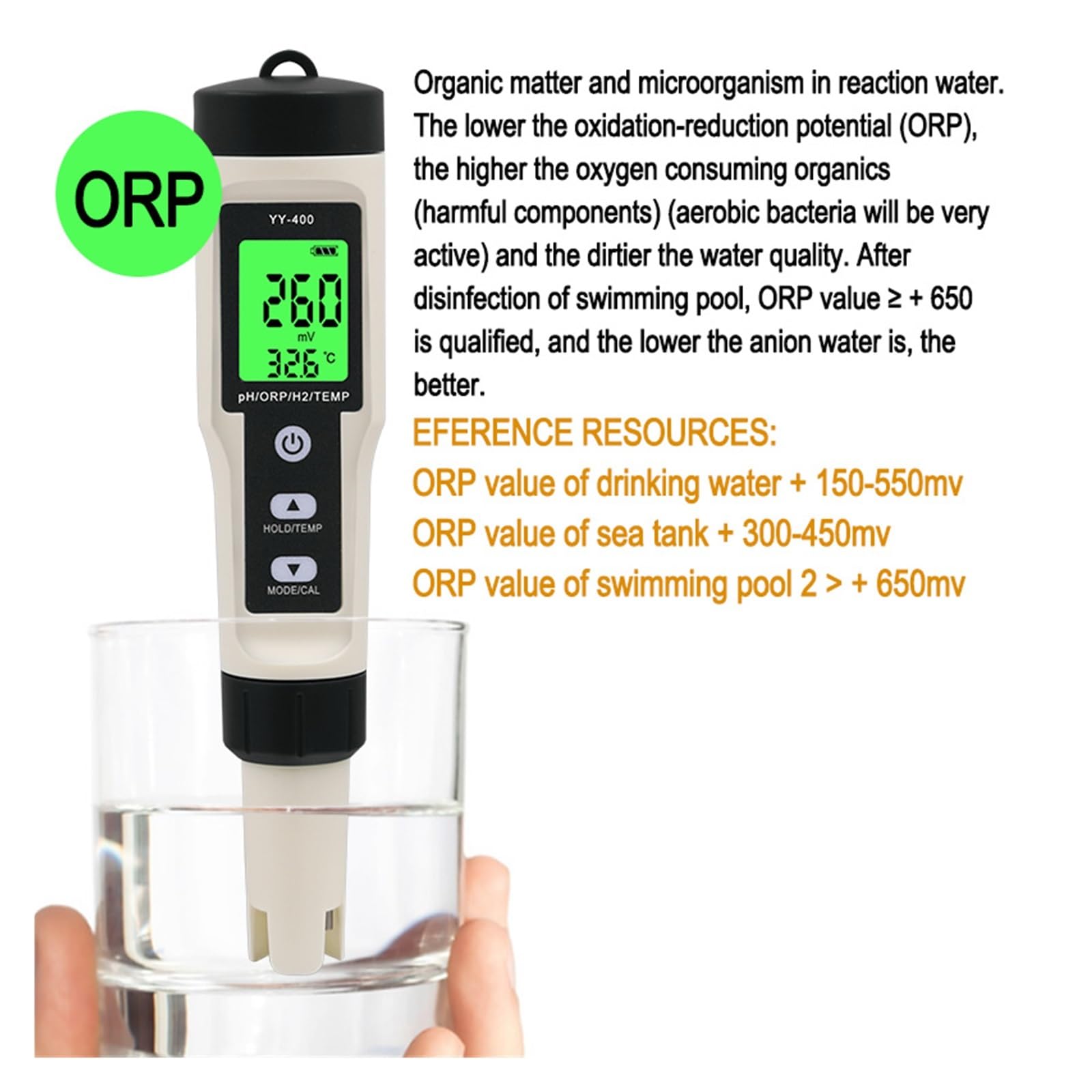 4 In1 H2/PH/ORP/Temp Misuratore di qualità Acqua Tester for Piscine Acquari Potabile Penna Misurazione Ricca Idrogeno Rilevamento Rapido E Preciso(Wth Backlight)