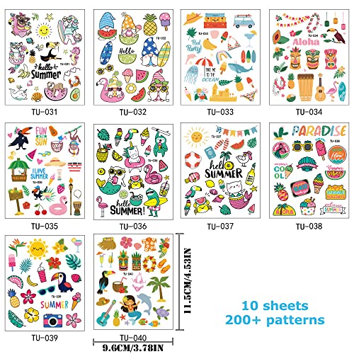 Summer Temporary Tattoo Stickers 200+ Patterns Hawaii Beach Pool Party Tropical Fake Tattoos Waterproof Pineapple Palm Tree Cat Ice Cream For Kids Boy Girl Adult #TOP1