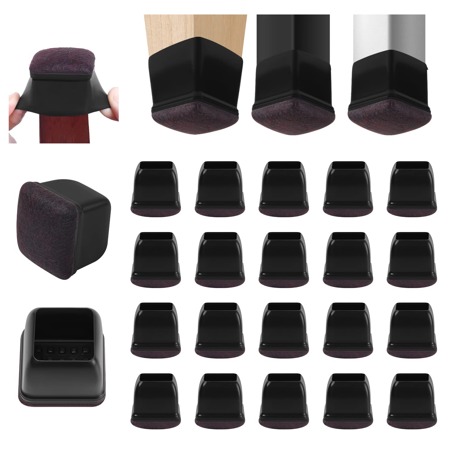 Ezprotekt 16 Stück Schwarze Silikon Stuhlbein Bodenschoner mit umwickelten, Φ 21-28 mm Filzgummi Stuhlbeinkappen Stuhlbeinabdeckungen Möbelfüße Polsterung kein Lärm (Square, Passform 0,75-1