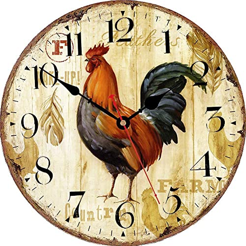 VIKMARI 30CM Horloge Murale Bois Horloge Murale Vintage Horloge Murale Cuisine Silencieuse à Quartz sans Tic-tac Coq Decoration Murale Bois Rétro Style Décorative pour Chambre Salon Bureau Café Bar
