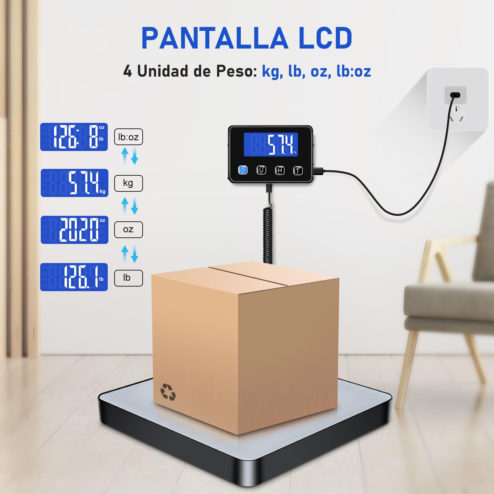 Bascula Industrial, 200 kg / 10 g Bascula Maletas Viaje con Función de Hold/Tara, Báscula con Pantalla LCD para Paquetes, Equipaje y Almacén, Incluye 2 Baterías AAA y Cable de Carga