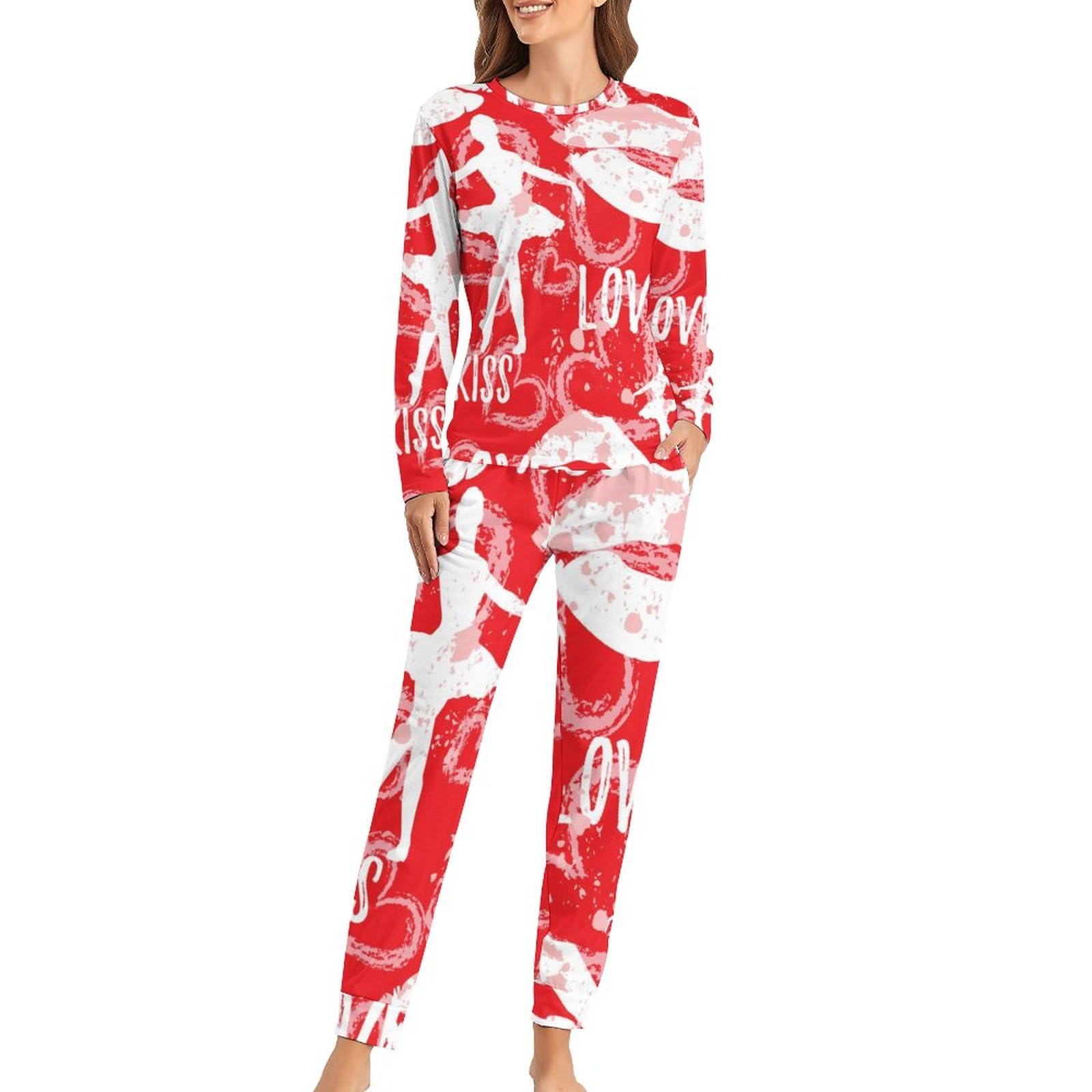 UMENG Ballettmädchen-Lippen Damen Schlafanzug Lange Pyjama Set Zweiteiliger Nachtwäsche Langarm Hausanzug Sleepwear