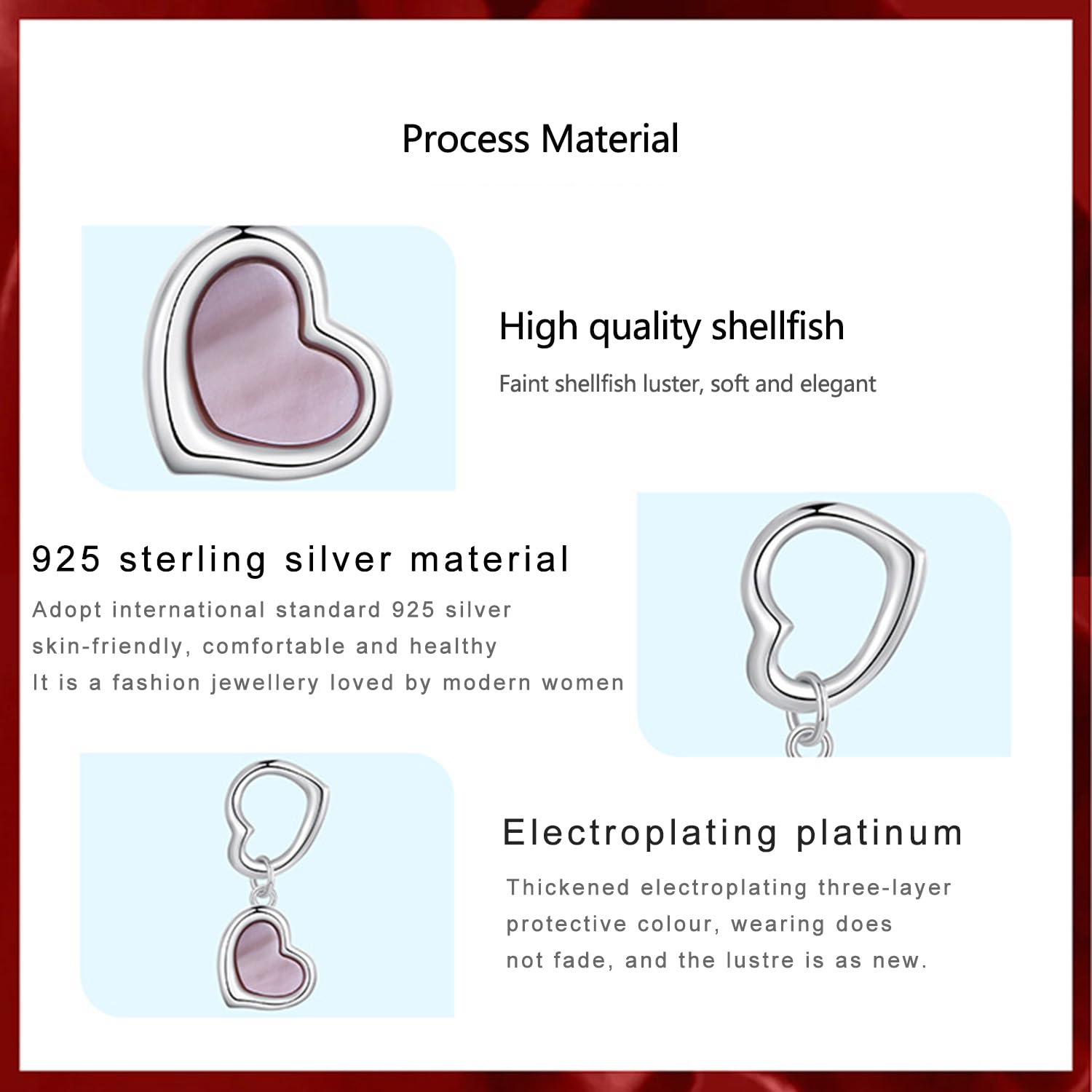 Genérico Dije de corazón de concha rosa, dijes de doble corazón, cuentas de plata de ley 925 para pulseras y collares europeos