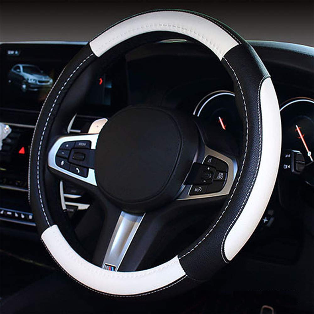 Couvre Volant Voiture en Cuir PU Durable, Universelle 38 cm, Cache Volant Voiture Respirant et Antidérapant pour Homme et Femme (Noir Blanc-3)