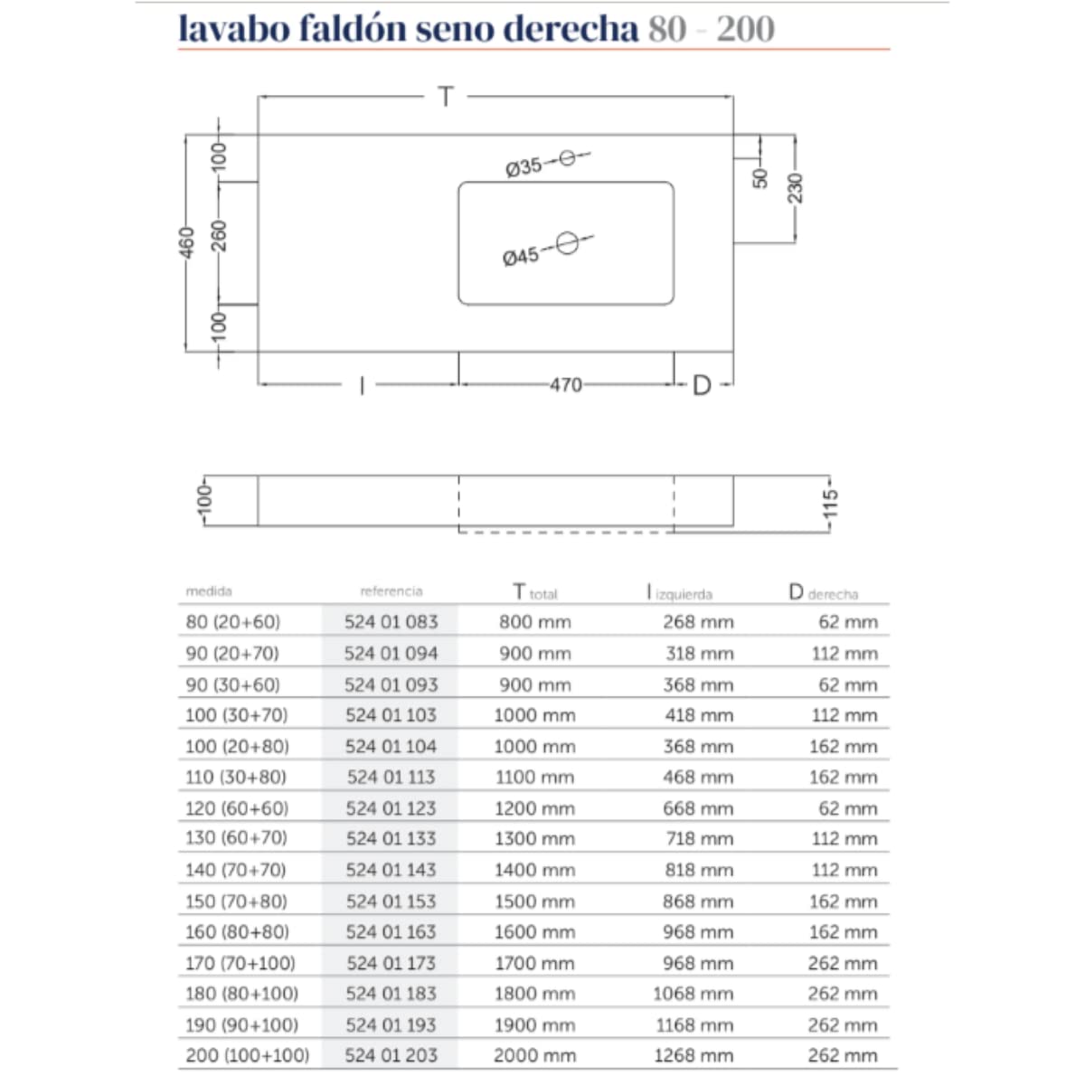 Lavabo con Faldón para Baño Solid Surface Suspendida Blanco Mate | Lavabo Suspendido Seno Desplazado a la Derecha Fondo 46cm | Espesor 10cm | 90cm (20+70)