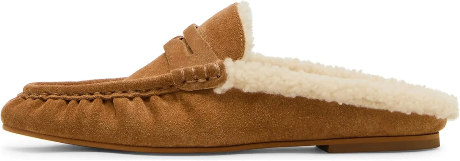 Women's Suede Penny Mules Faux Fur Lined Slip-on Loafers Classic Comfortable Flat Mule Shoes for Casual