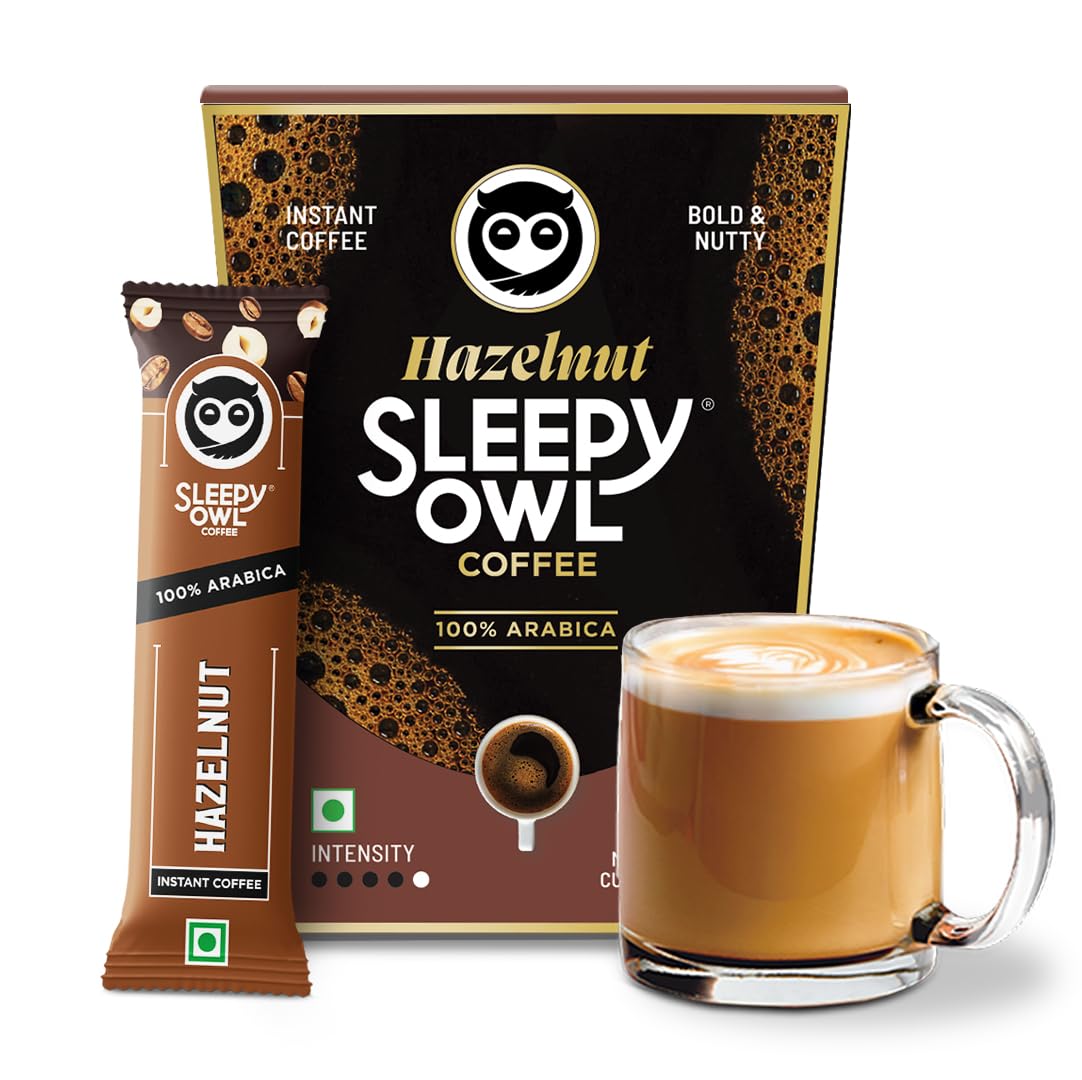 Sleepy Owl Hazelnut Freeze Dried Coffee Sachets | 20g - Pack of 10 x 2g Instant Coffee Powder Sachets | 100% Arabica Beans | Aromatic Coffee Pouch | Rich & Smooth | Easy to Use & Carry