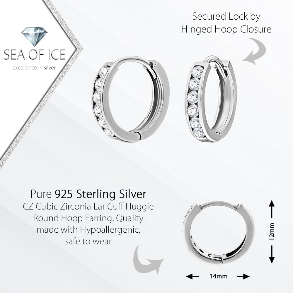 925 Sterling Silver CZ Cubic Zirconia Ear Cuff Huggie Round Hoop Earrings for Women, 14mm Diameter - Image 3