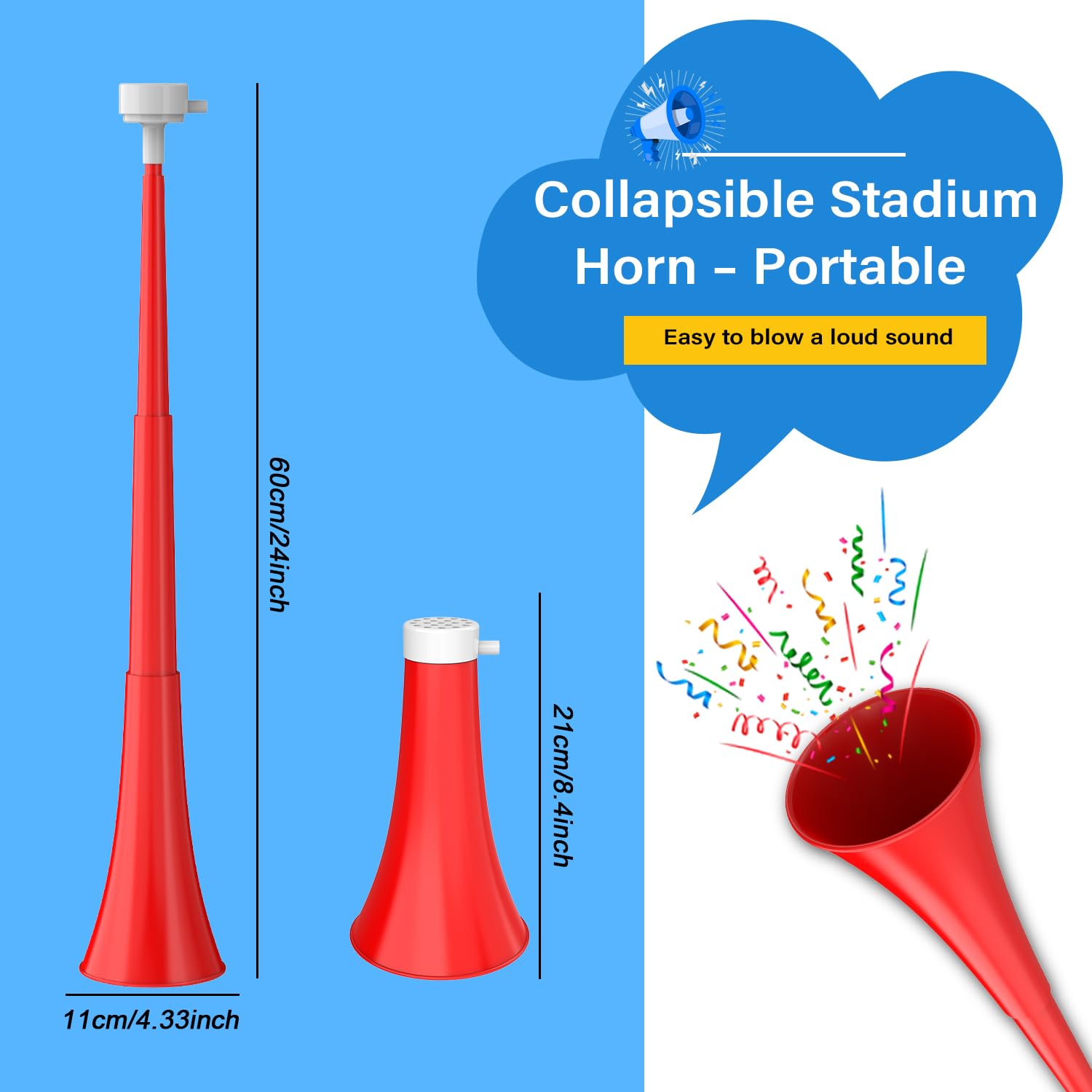 Stadium Vuvuzelas Soccer Collapsible Blow Trumpet Noise Maker Loud Sound Handheld Sports Horn for Sports Events Graduation Games Party Supplies Favors Accessories