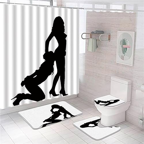 Juego de 4 cortinas de ducha con diseño de mujer sexy, diseño de silueta de niña, diseño divertido y moderno, para baño, tapa de inodoro, alfombras