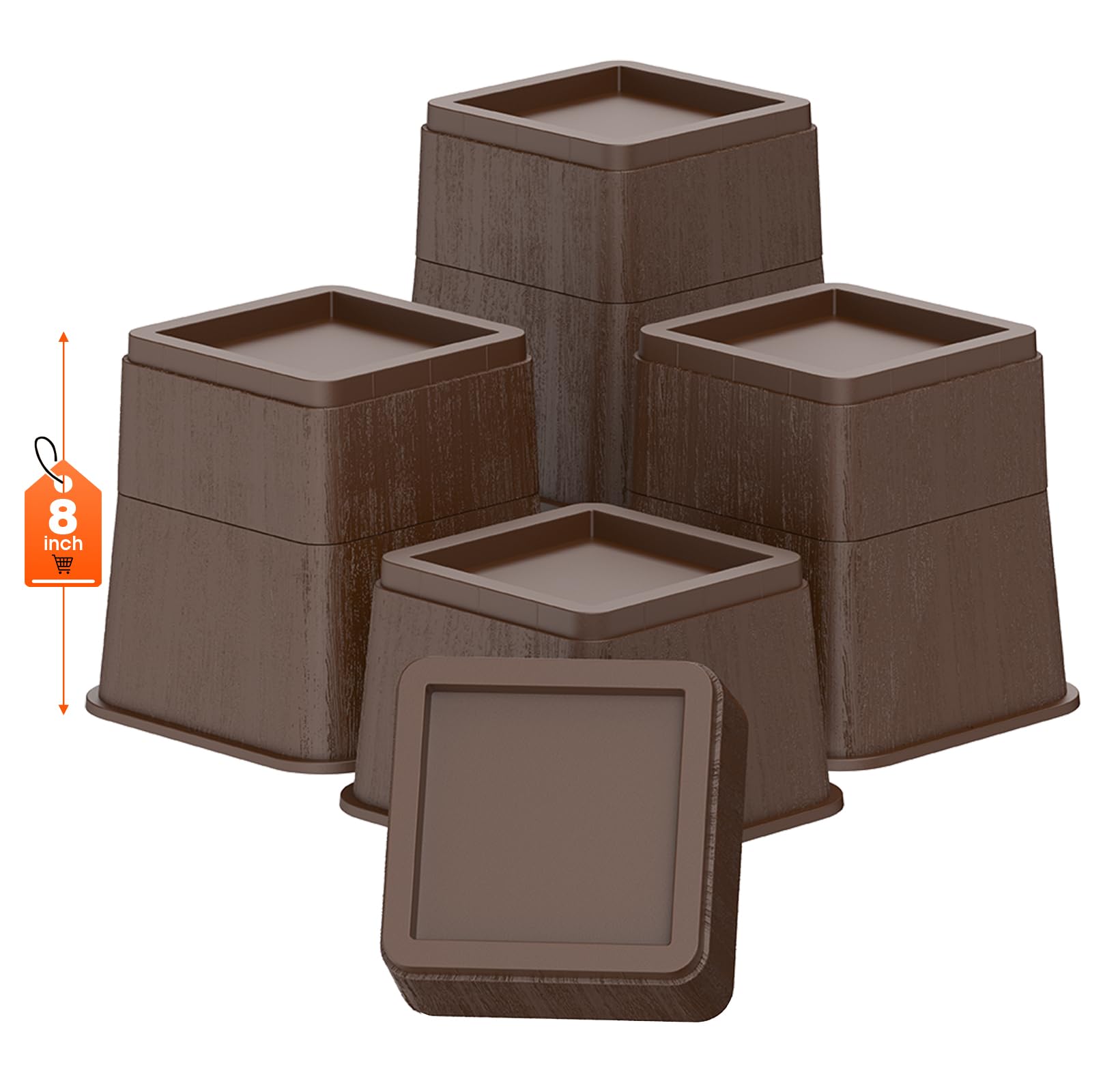Adjustable Bed Risers,Elevation in 3, 5 or 8 Inch Heavy Duty Risers,Oversized Fit Up to 5.5" Legs, Stackable Bed Raising Blocks for Couches, Tables, Desks (Brown, 8 inch-4 Pack)