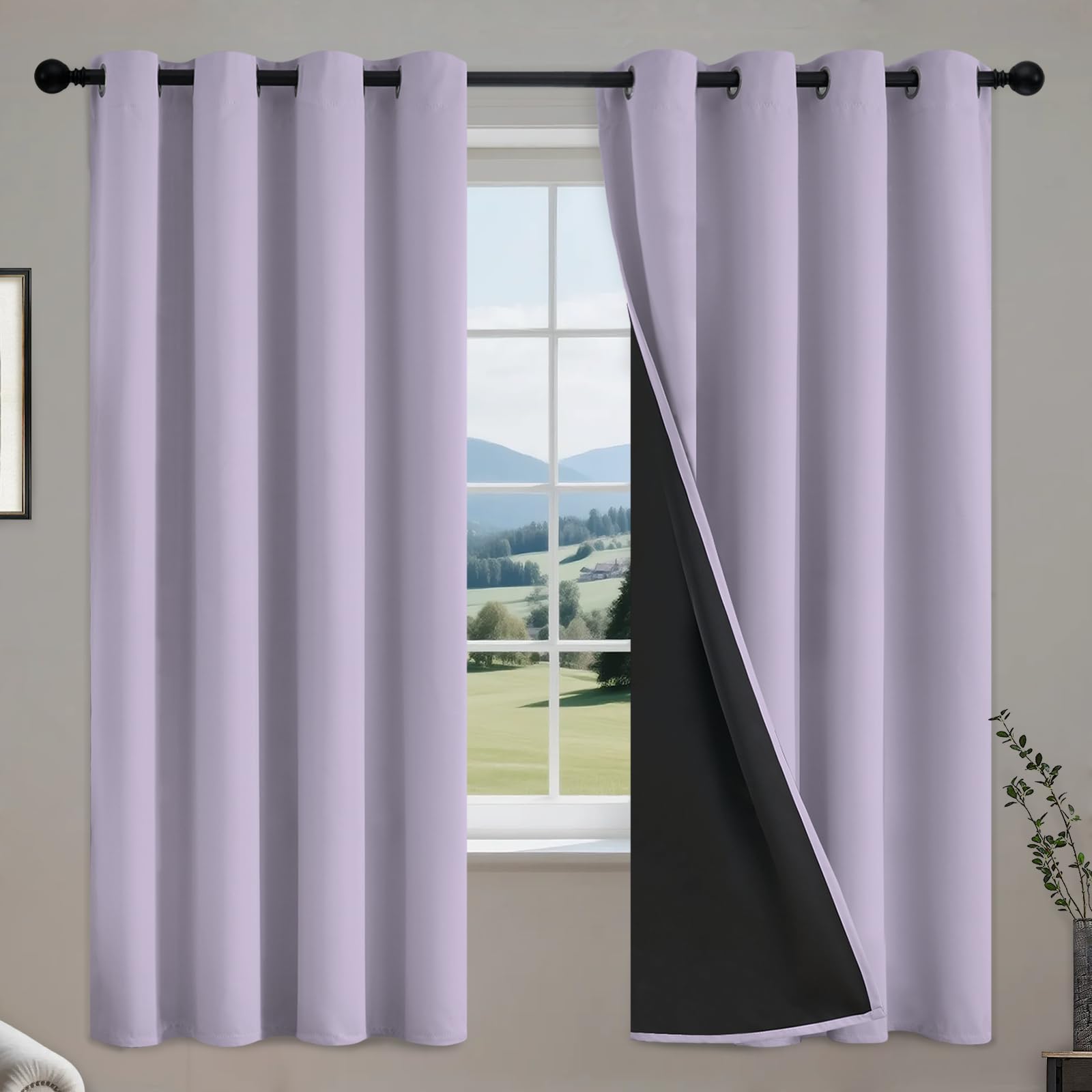 COSVIYA 100% Blackout Curtains for Bedroom with Black Liner, Full Light Blocking Thermal Insulated Grommet Window Treatment 96 Inches Length, Lilac, 2 Panels โ image 1