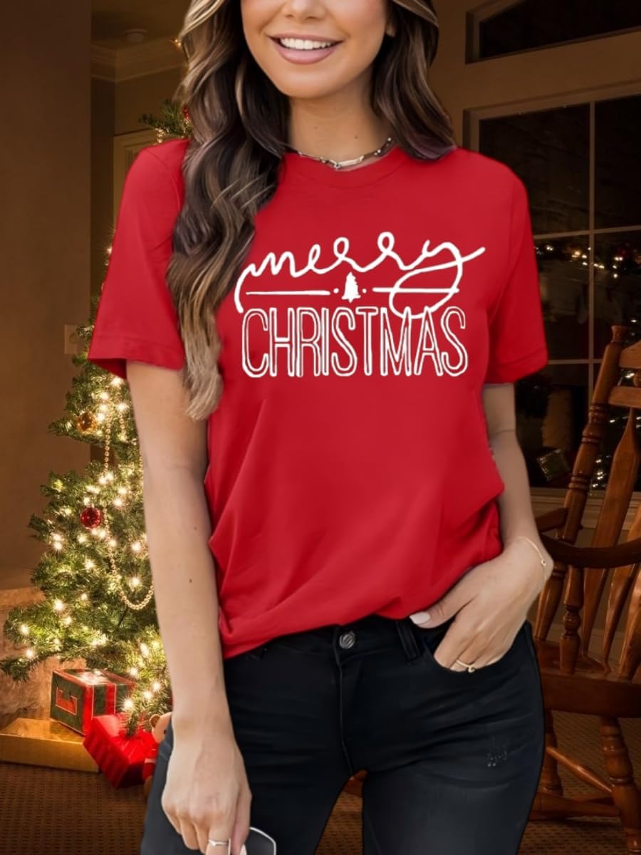 Merry Christmas Shirts for Women Funny Christmas Tree Graphic Print Holiday T Shirts - Image 2
