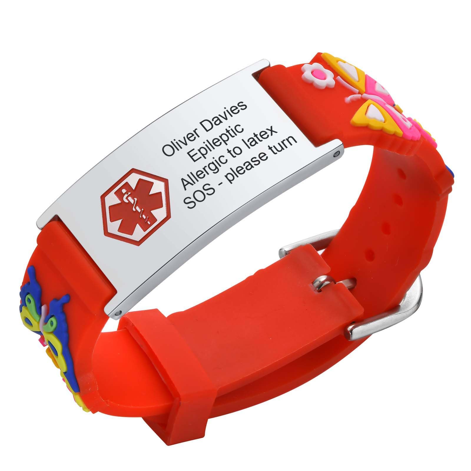 Kids Bracelet Safety ID Wristbands - Personalised Anti-Lost Wristband with Red Silicone Cartoon Pattern, Outdoor Emergency Medical Alert ID Bracelets with Contact Information For Daughter Girls Child