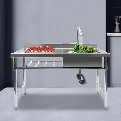 Miniatura 7 de Fregadero de acero inoxidable de pie con 1 compartimento, fregadero de cocina comercial, fregadero de cocina de un solo tazón, juego de fregadero de