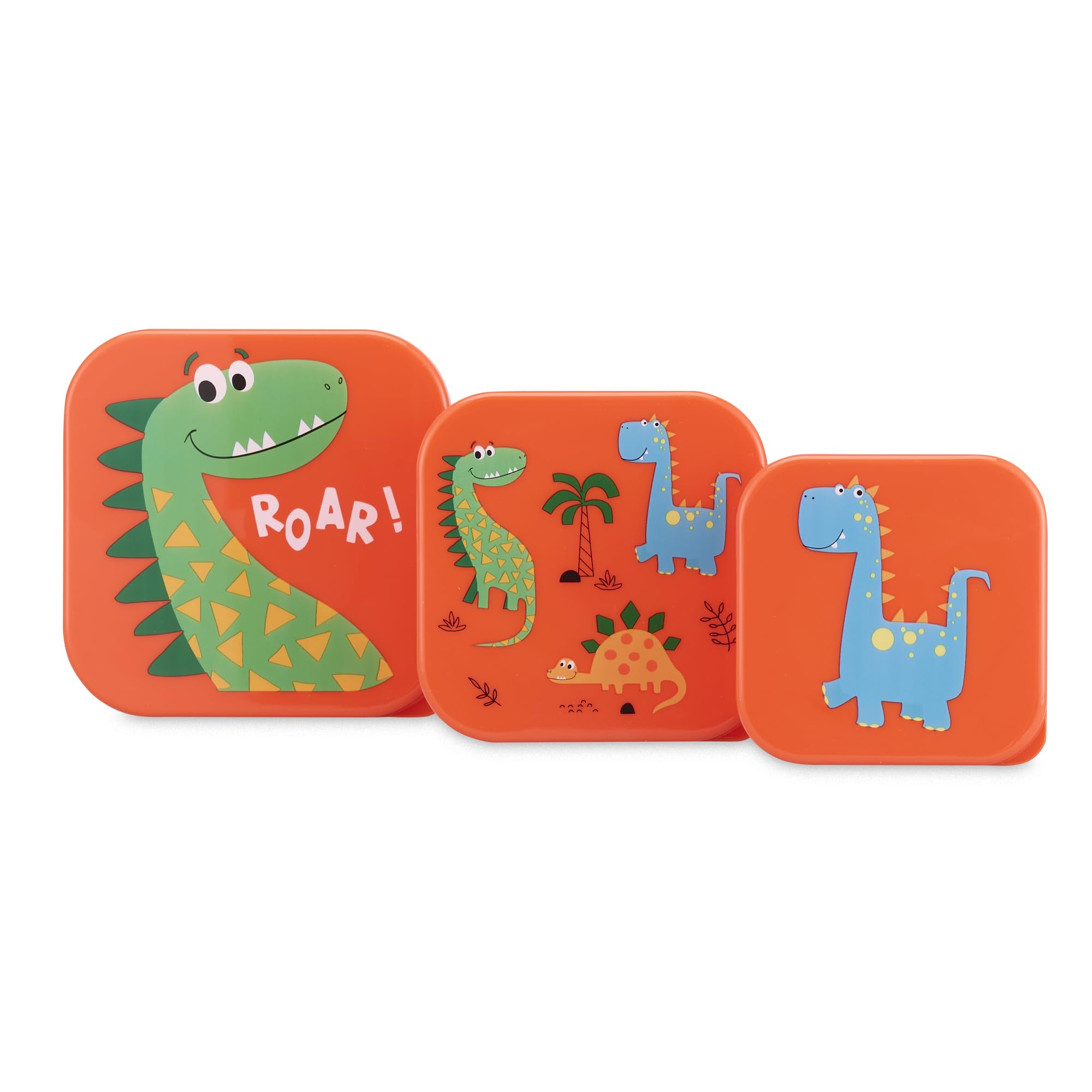TINY TO TOTS BABY TO TODDLER Kids Snack Boxes Set of 3, BPA-Free Nesting Food Storage Containers, Microwave Safe Snack Pots for School Lunch, Nursery, Picnic & Travel, Red Dinosaur Design