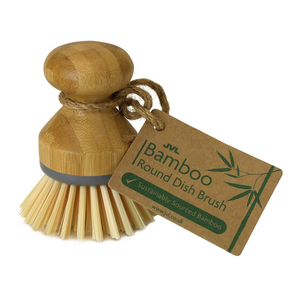 JVL Round Bamboo Short Dish Pot Brush, Natural